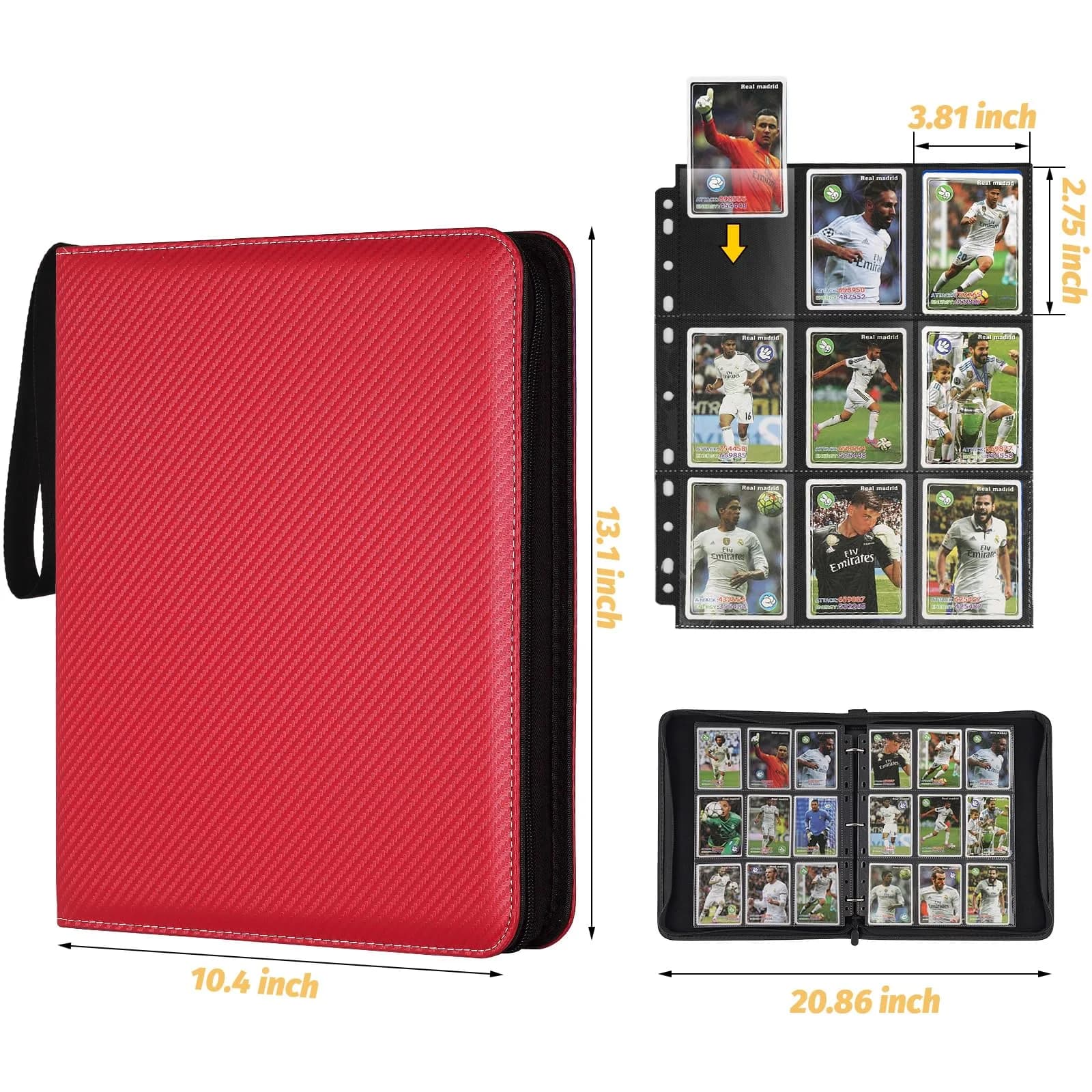 GERMUN 3 Ring 9 Pocket Zipper Card Binder, 720 Card Capacity, Red PU Cover | Archival Safe TCG & Sports Card Album - view 4