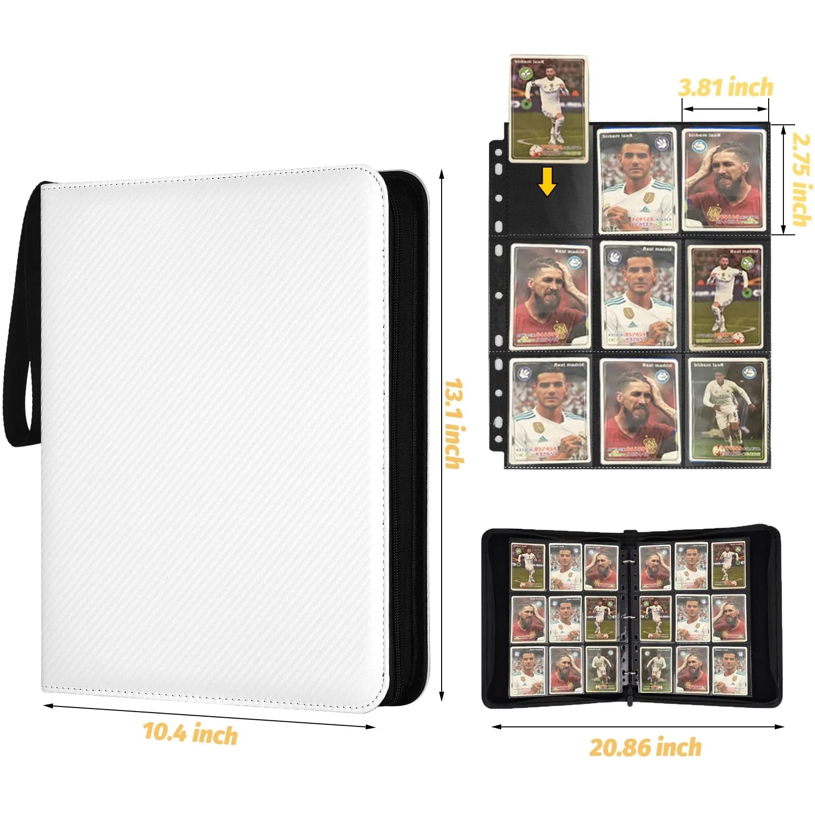 GERMUN 3 Ring 9 Pocket Zipper Card Binder, 720 Double Sided Standard PU Trading Card Album Folder (Carbon White, 40 Pages) - view 4
