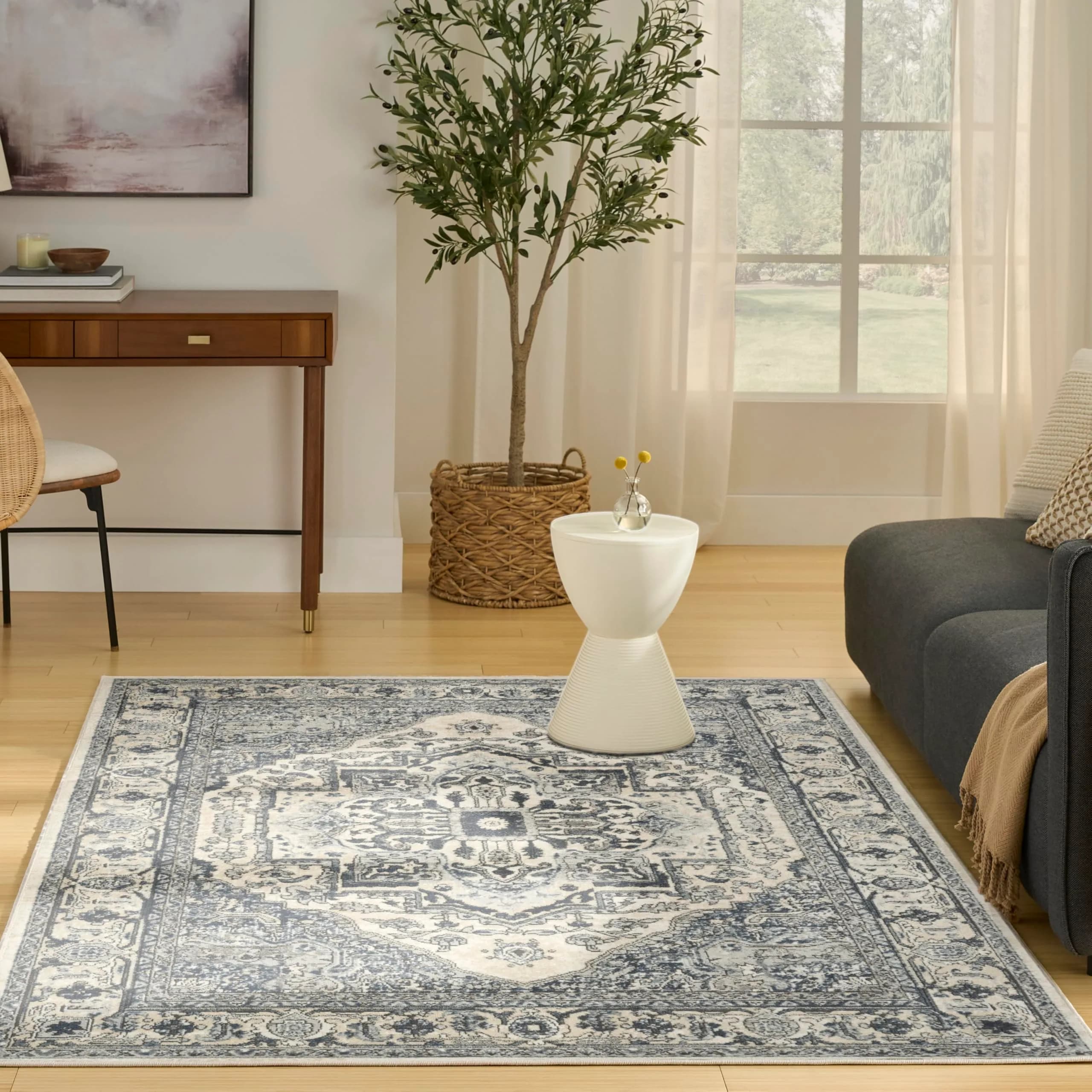 Nourison Home Concerto Ivory Navy 6' x 9' Area Rug | Easy Clean, Non Shedding