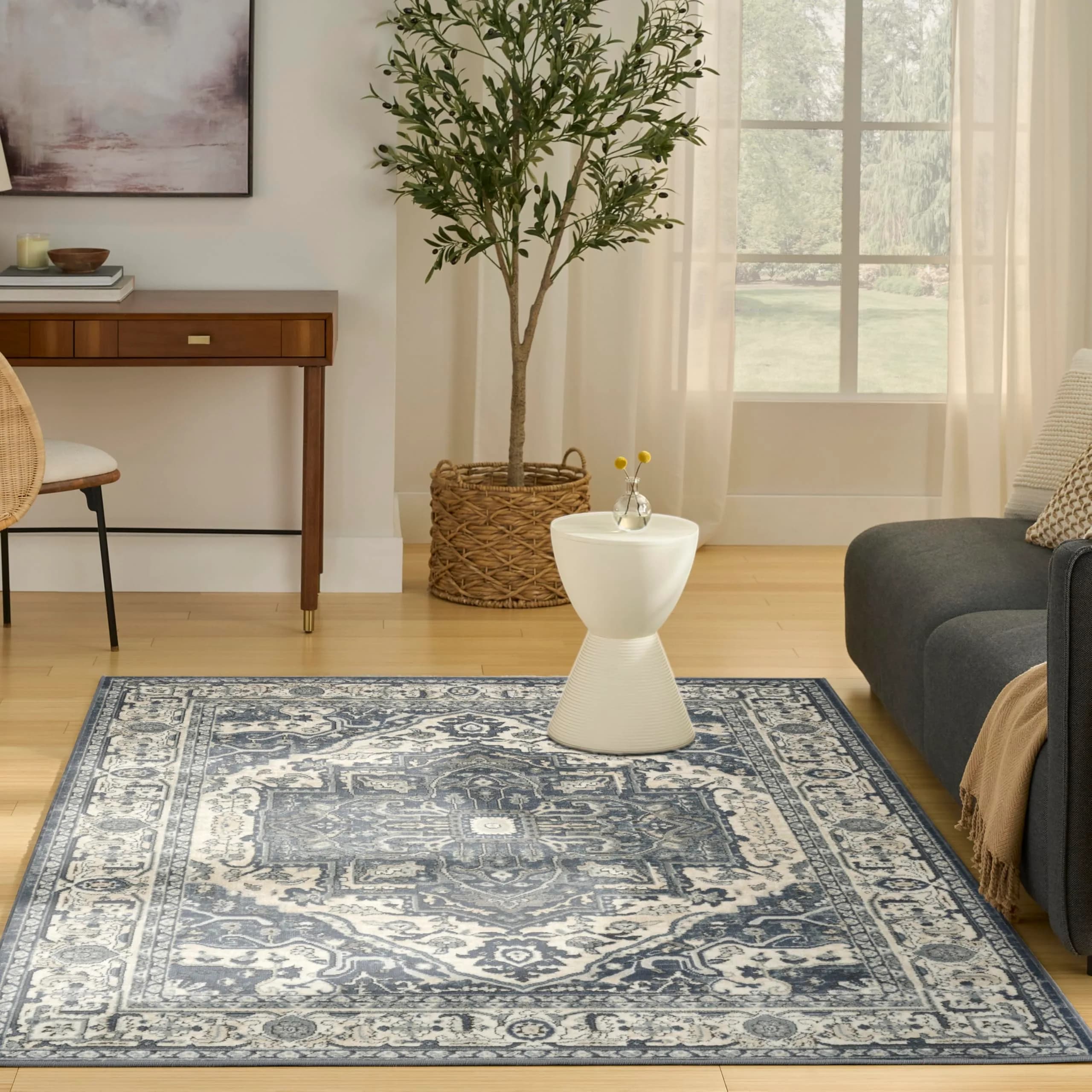 Nourison Home Concerto Navy Ivory 3'9" x 5'9" Area Rug | Easy Clean, Non Shedding, Modern Design