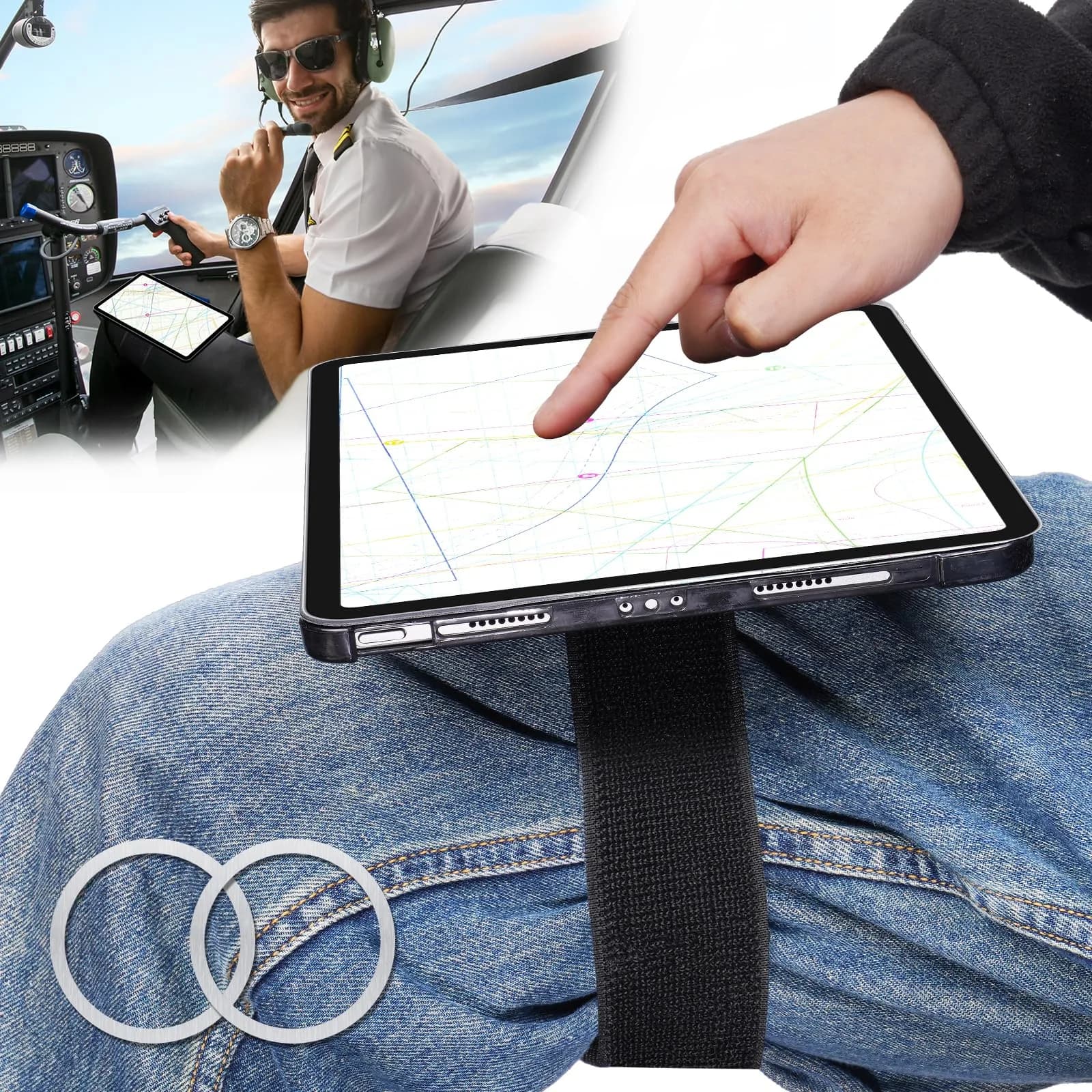 NiHome Adjustable Pilot Magnetic Kneeboard for iPad | Secure, Anti-Slip, Hands-Free (70-120 chars) — Black (with 33.5“ Elastic Strap)
