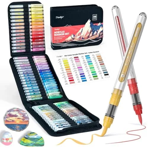JusArt 48 Colors Acrylic Paint Markers Brush Tip, Automatic Ink Control, 1-8mm Lines | ASTM D4236 Certified — 48 Colors
