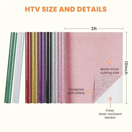 HTVRONT Glitter HTV Vinyl Bundle 8 Rolls 10" x 3FT | SGS Certified Heat Transfer Vinyl for T-Shirts thumbnail 7
