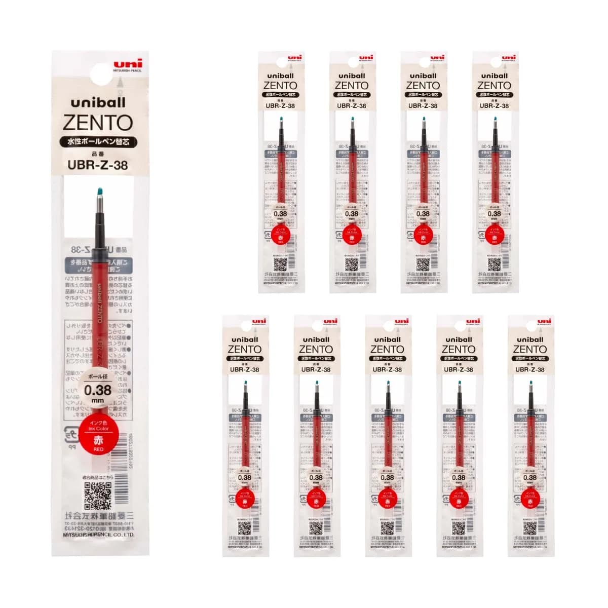 uniball ZENTO Water-Based Ink Refill UBR-Z-38, 0.38mm Extra Fine Point, Red, Pack of 10 | Smooth Ink Flow - main product image