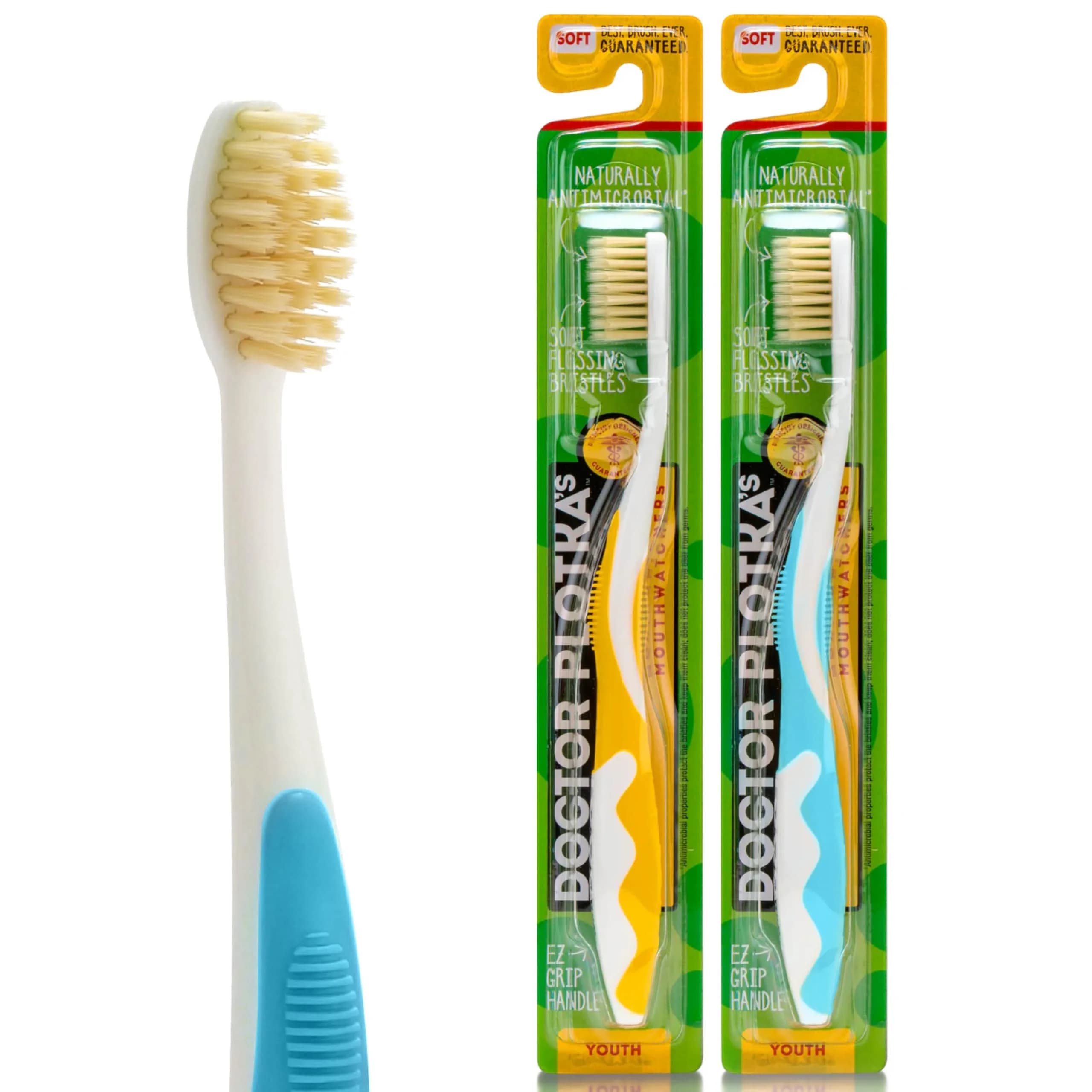 MOUTHWATCHERS Soft Flossing Toothbrush Kids 2-Pack Yellow and Blue | Dual-Layered Bristles for Deep Clean