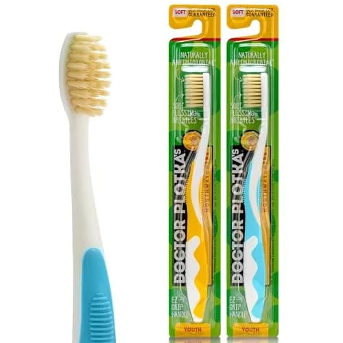 MOUTHWATCHERS Soft Flossing Toothbrush Kids 2-Pack Yellow and Blue | Dual-Layered Bristles for Deep Clean thumbnail 1