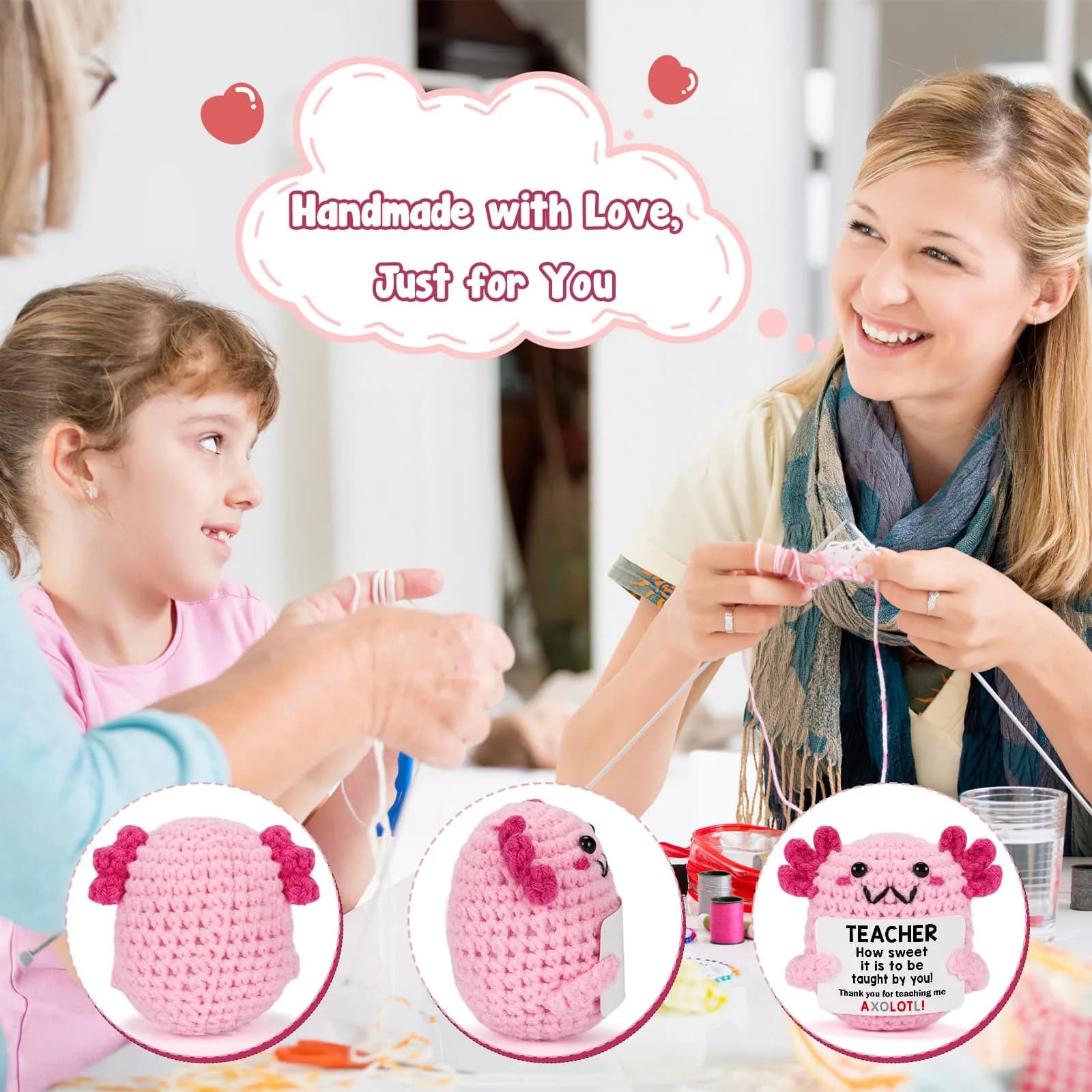 WEYON Mini Crochet Axolotl Plush with Story Card, "Rein-Deerly Focused" Teacher Gift (8-10 cm H, Teacher Color) | ASTM-Tested Non-Toxic - view 3