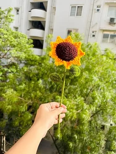 Divyakosh Handmade Crochet Sunflower Decor 20cm (8 Inch) | Vibrant Yellow & Green Artificial Flower thumbnail 5