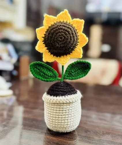 Divyakosh Handmade Crochet Sunflower Potted Plant 16.5cm (6.5in) | Hand-Woven Daisy Knitted Flower Decor thumbnail 1