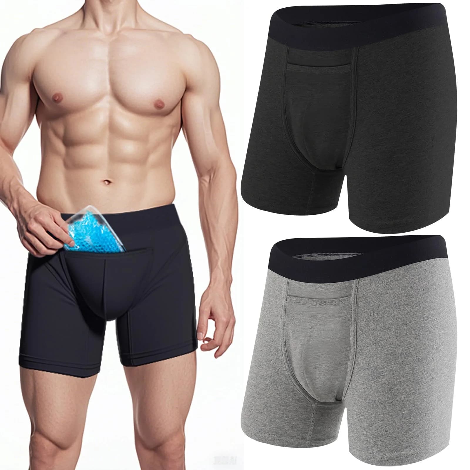 Janmercy Vasectomy Underwear Men Briefs XL | Supportive Ice Pack Pocket for Recovery — Black & Gray