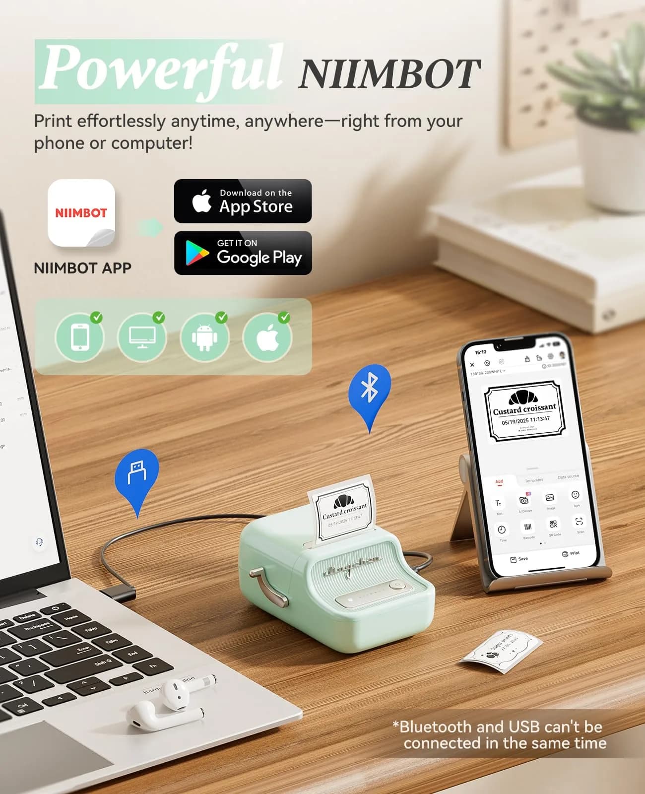 NIIMBOT B21 Label Maker Mint Green | Portable Inkless Thermal Printer 50x30mm (230 Labels) - view 7