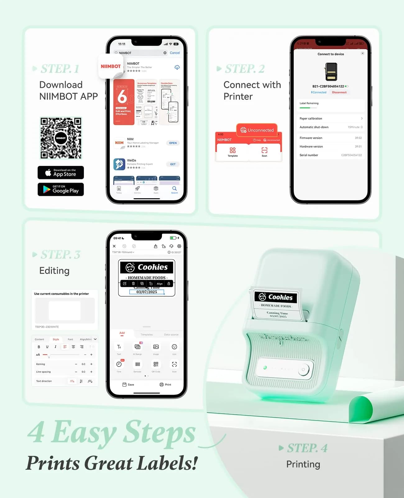 NIIMBOT B21 Label Maker Mint Green | Portable Inkless Thermal Printer 50x30mm (230 Labels) - view 8