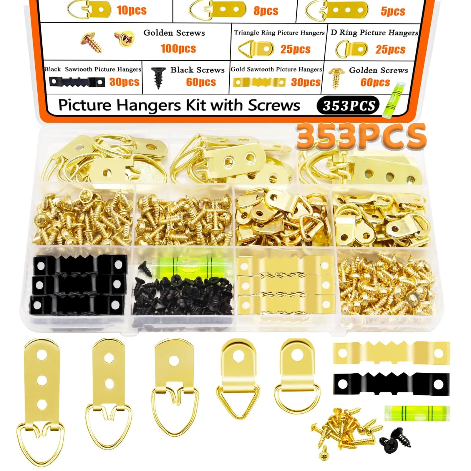 Dianrui Gold 103 PCS Heavy Duty Picture Hangers Kit | 4.5 kg (10 lb) to 45 kg (100 lb) Capacity — TypeA-Gold