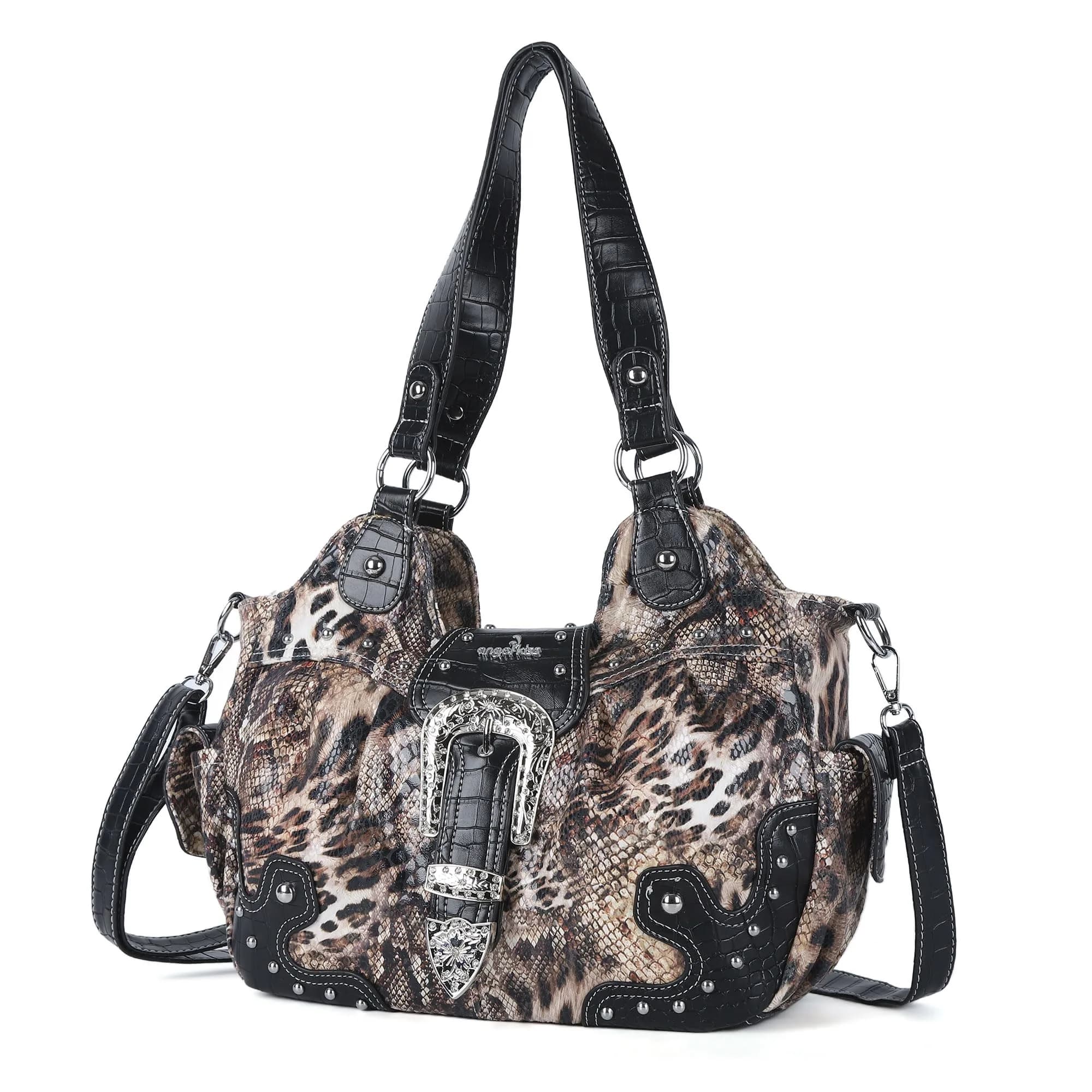Angel Kiss Hobo Bags for Women Vegan Leather Purses and Handbags Ladies Chic Shoulder Bags Crossbody Purses with Metal Studs (Large, Brown/Black Leopard)