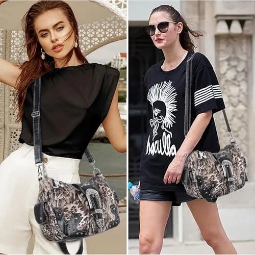 Angel Kiss Hobo Bags for Women Vegan Leather Purses and Handbags Ladies Chic Shoulder Bags Crossbody Purses with Metal Studs (Large, Brown/Black Leopard) thumbnail 7
