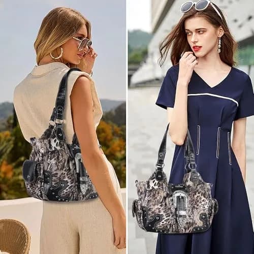 Angel Kiss Hobo Bags for Women Vegan Leather Purses and Handbags Ladies Chic Shoulder Bags Crossbody Purses with Metal Studs (Large, Brown/Black Leopard) thumbnail 2