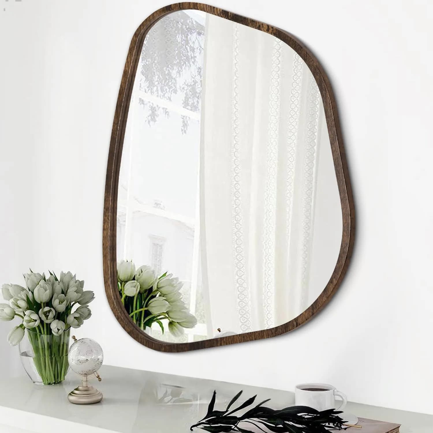 HLFMVWE Asymmetrical Accent Mirror 16"x12" | Irregular Oval Wall Decor for Bedroom & Living Room — Light Tan