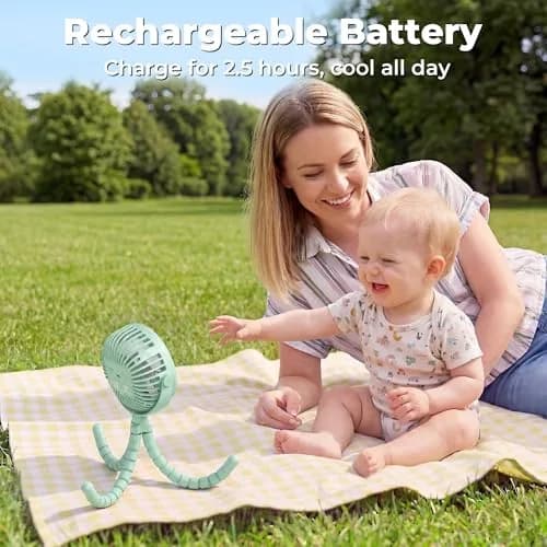 AMACOOL Battery Operated Stroller Fan, Portable Clip On Fan Rechargeable | 3 Speeds, 2600mAh Battery, LED Light thumbnail 4