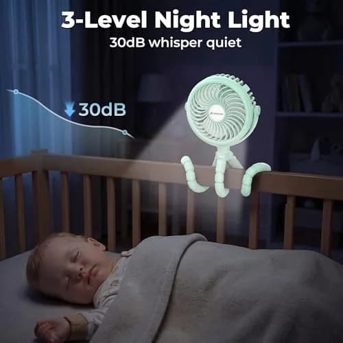 AMACOOL Battery Operated Stroller Fan, Portable Clip On Fan Rechargeable | 3 Speeds, 2600mAh Battery, LED Light thumbnail 6
