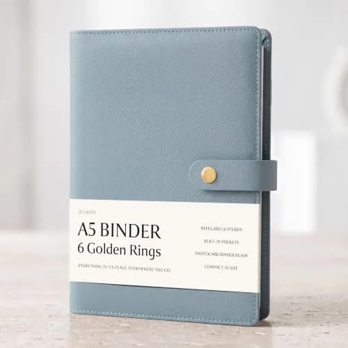 ZICOTO A5 Binder with 6 Golden Rings | Refillable Organizer with Pockets, Blue thumbnail 1