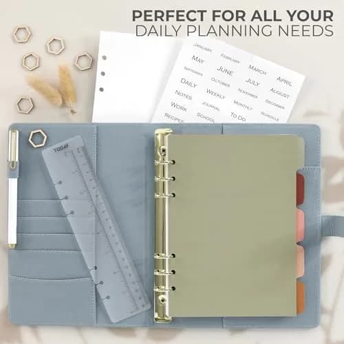 ZICOTO A5 Binder with 6 Golden Rings | Refillable Organizer with Pockets, Blue thumbnail 4