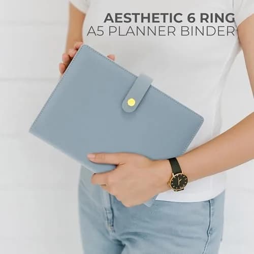 ZICOTO A5 Binder with 6 Golden Rings | Refillable Organizer with Pockets, Blue thumbnail 3