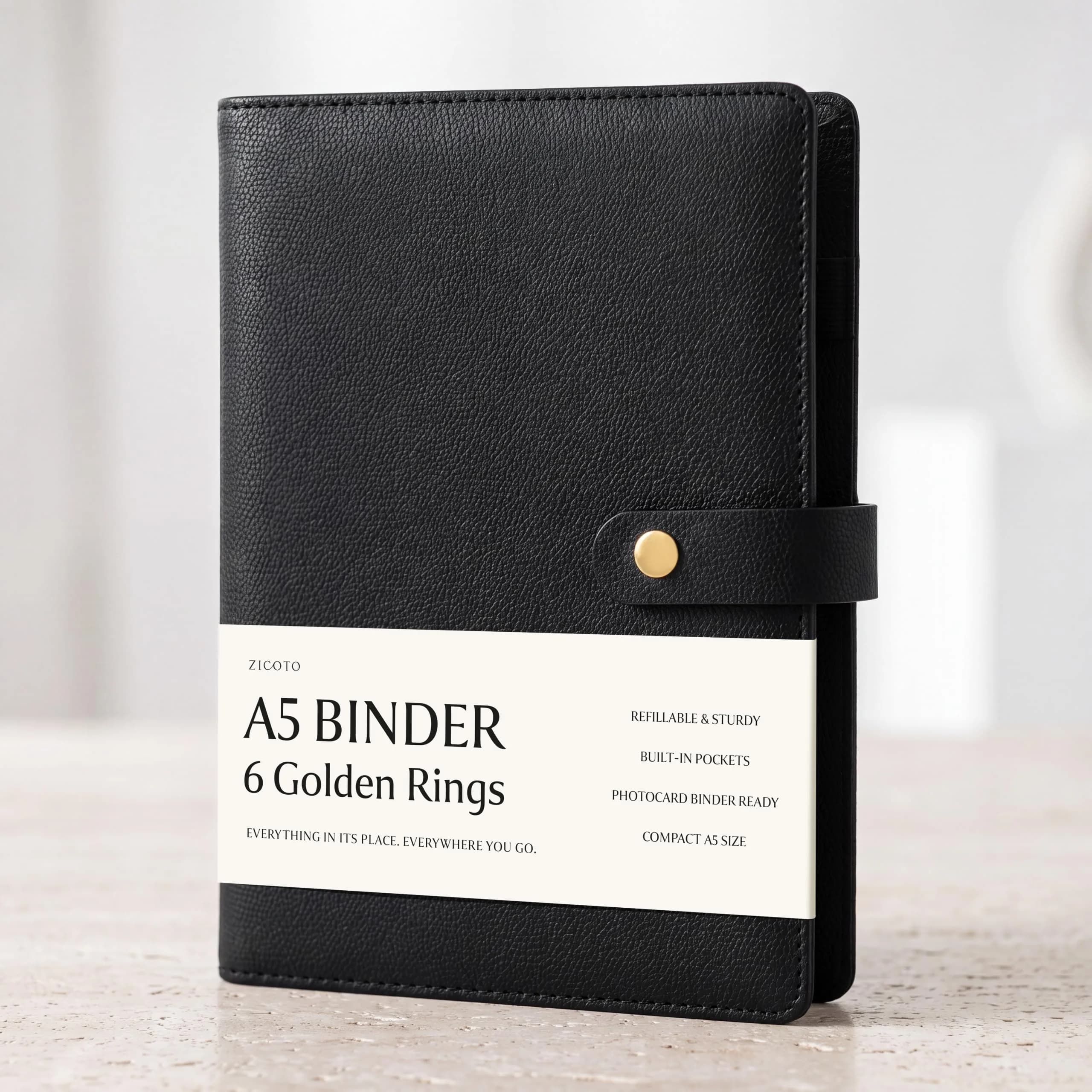 ZICOTO Aesthetic A5 Binder with 6 Golden Rings | Refillable Organizer for Notes & Cards — Black
