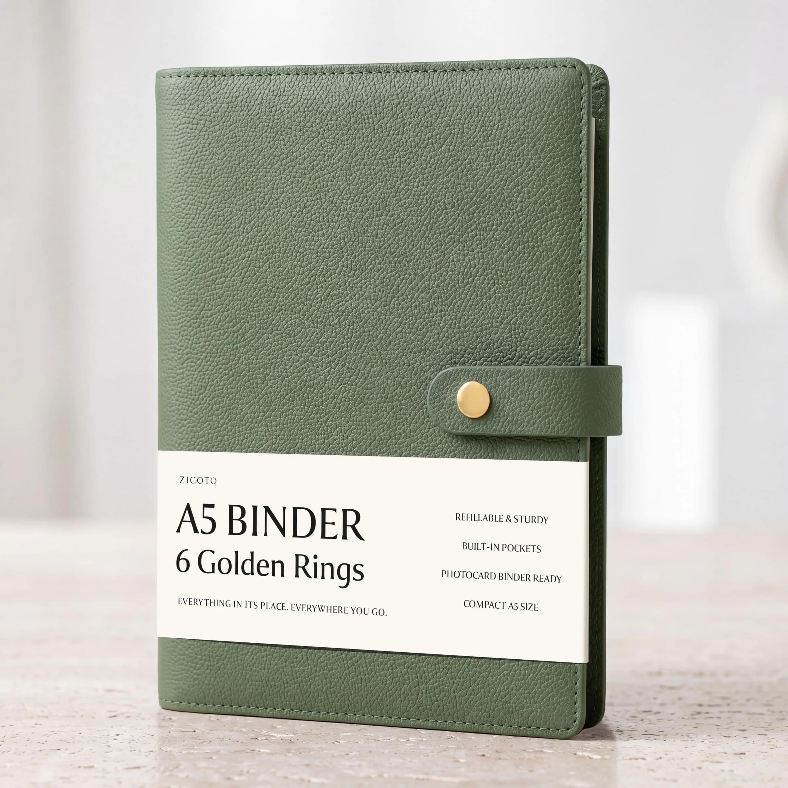 ZICOTO A5 Ring Binder with 6 Golden Rings | Refillable Organizer with Pockets (70-120 chars) — Sage