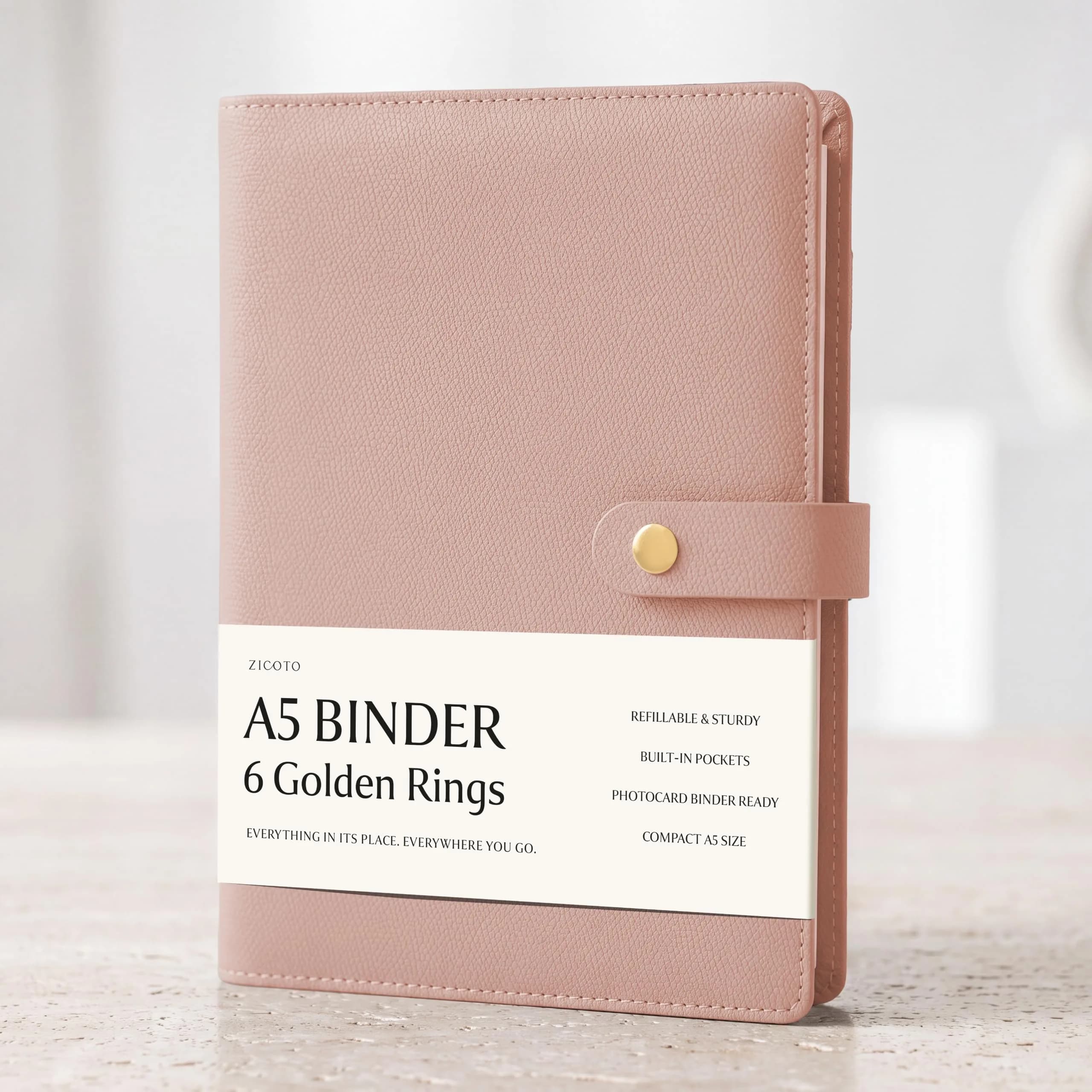 ZICOTO Aesthetic A5 Binder with 6 Golden Rings | Refillable Organizer with Pockets (70-120 chars)