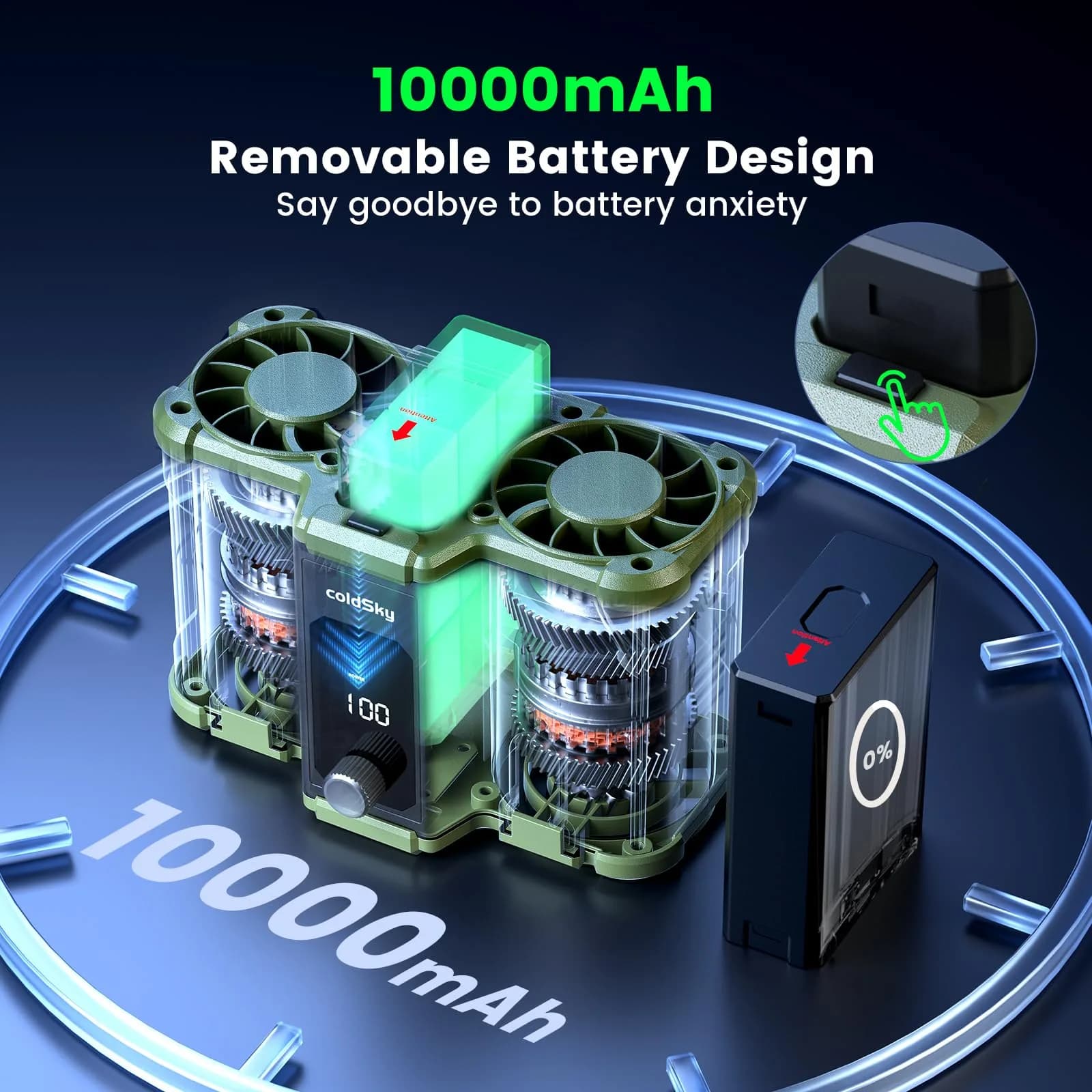 coldSky Waist Fan with Dual Motors & 10,000mAh Battery | 18mph Max Speed, 154 Speed Settings, Green - view 4