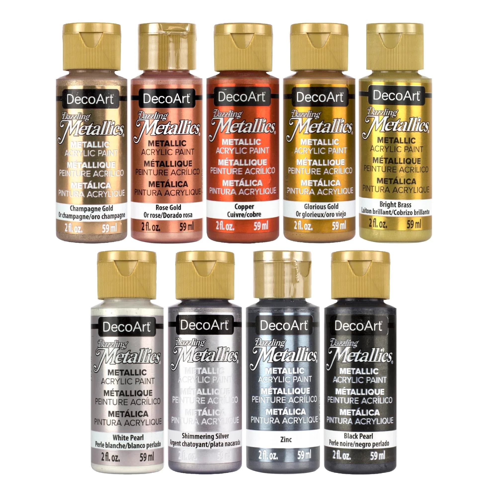 DecoArt Americana Dazzling Metallics Acrylic Paint Set 2 fl oz Bottles (9-Pack) | Metallic Craft Paints for Canvas, Wood & DIY Projects — Multi - Starter