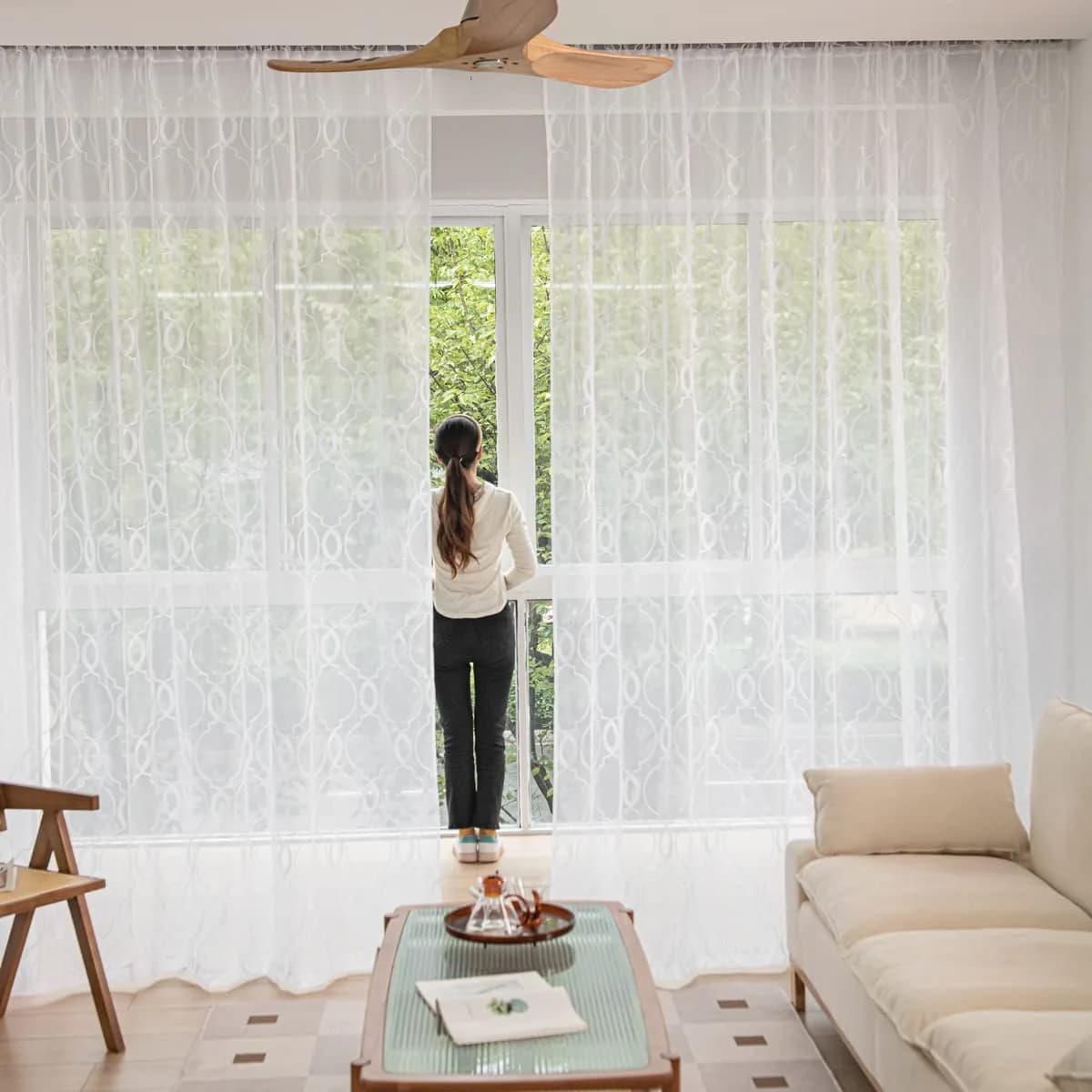 PHILEASY White Embroidered Ellipse Sheer Curtains - 52"W x 72"L (Pack of 2) - view 4