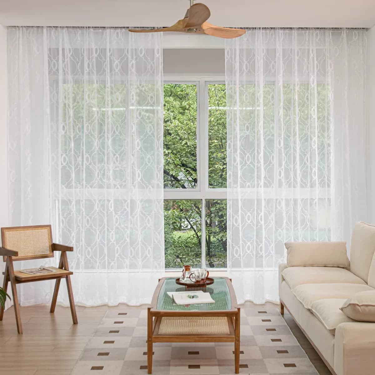 PHILEASY White Embroidered Ellipse Sheer Curtains 54" L x 52" W (Pack of 2) - Light Filtering - view 2
