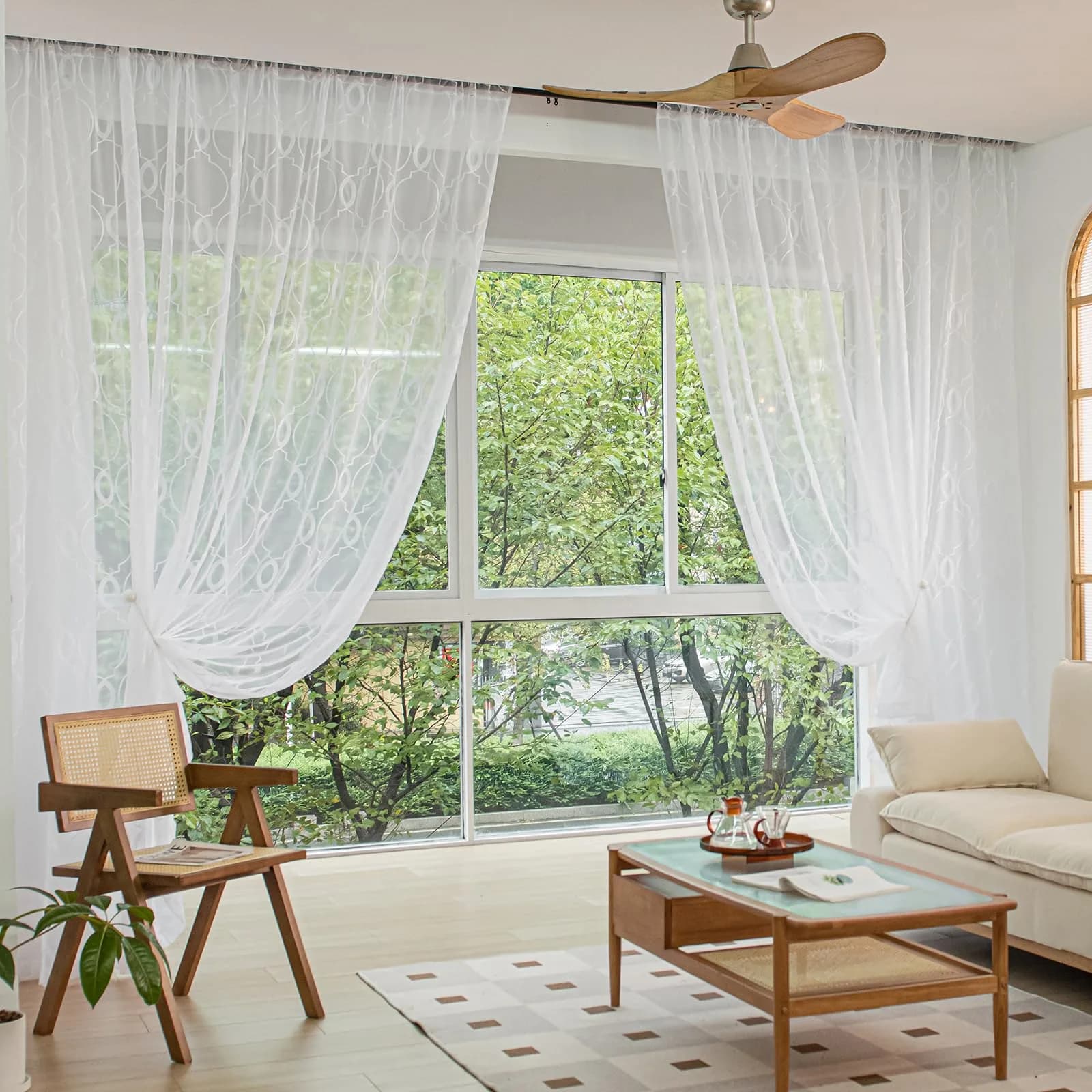 PHILEASY White Embroidered Ellipse Sheer Curtains 54" L x 52" W (Pack of 2) - Light Filtering - view 3
