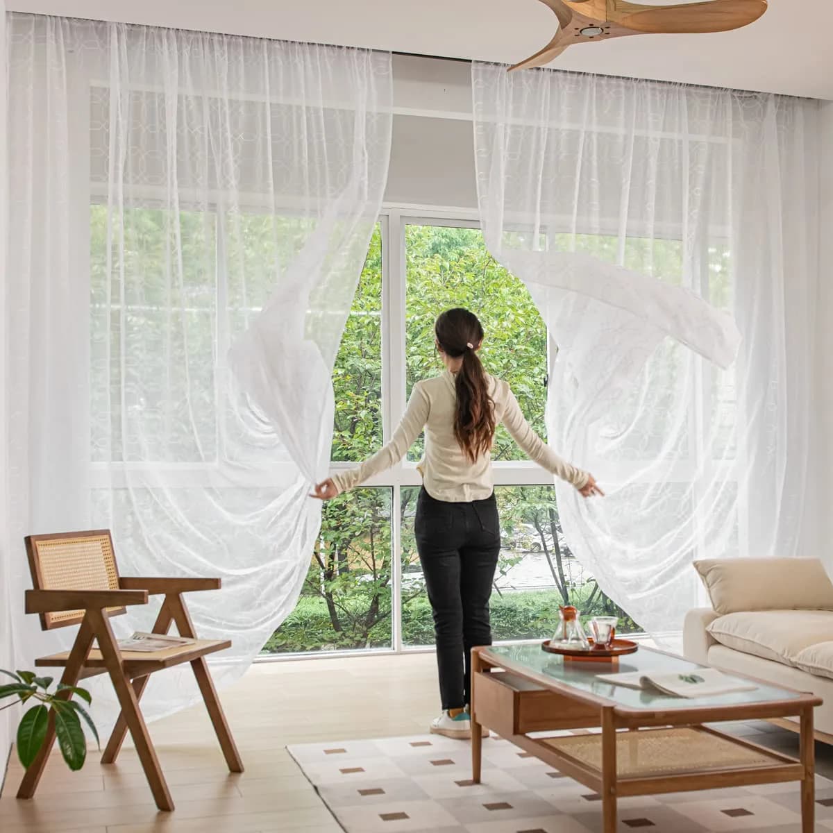 PHILEASY White Embroidered Heptagon Sheer Curtains - 52"W x 63"L (Pack of 2) - view 4