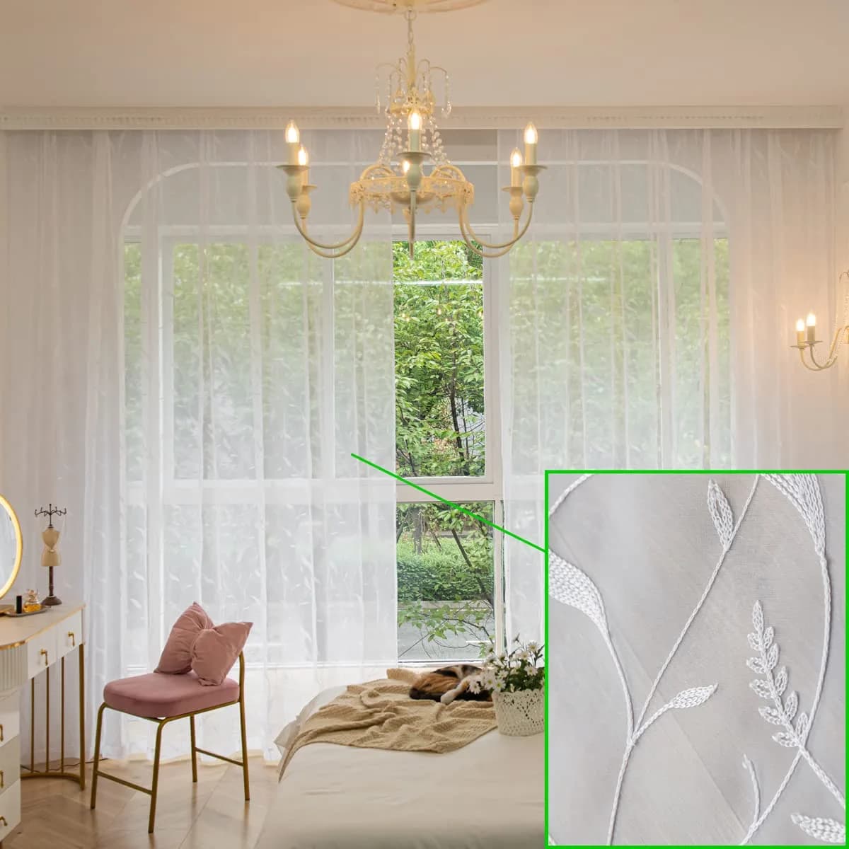 PHILEASY White Embroidered Leaf Sheer Curtains 52"W x 63"L - Pack of 2 - view 3