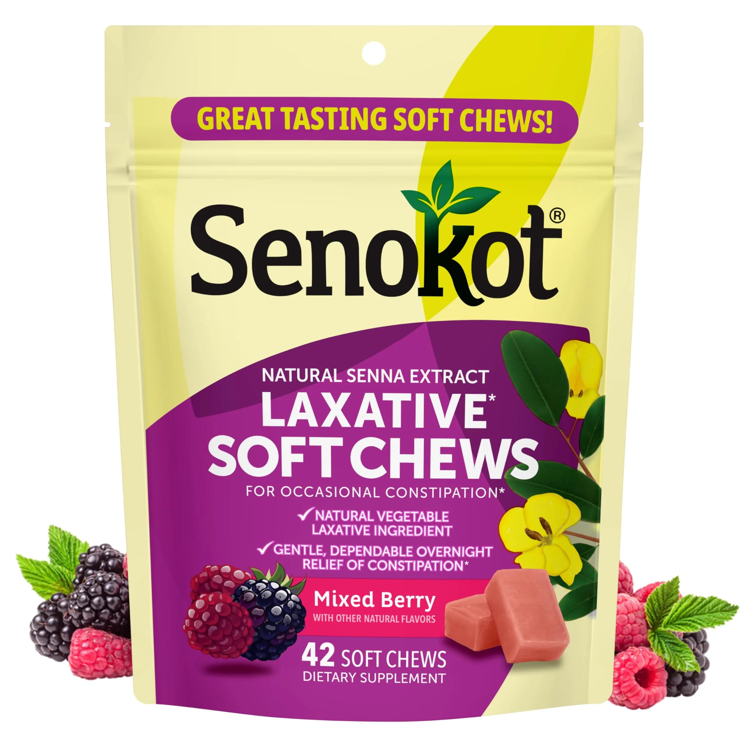 Senokot Laxative Soft Chews, Mixed Berry 42 Chews | Gentle Overnight Relief for Occasional Constipation