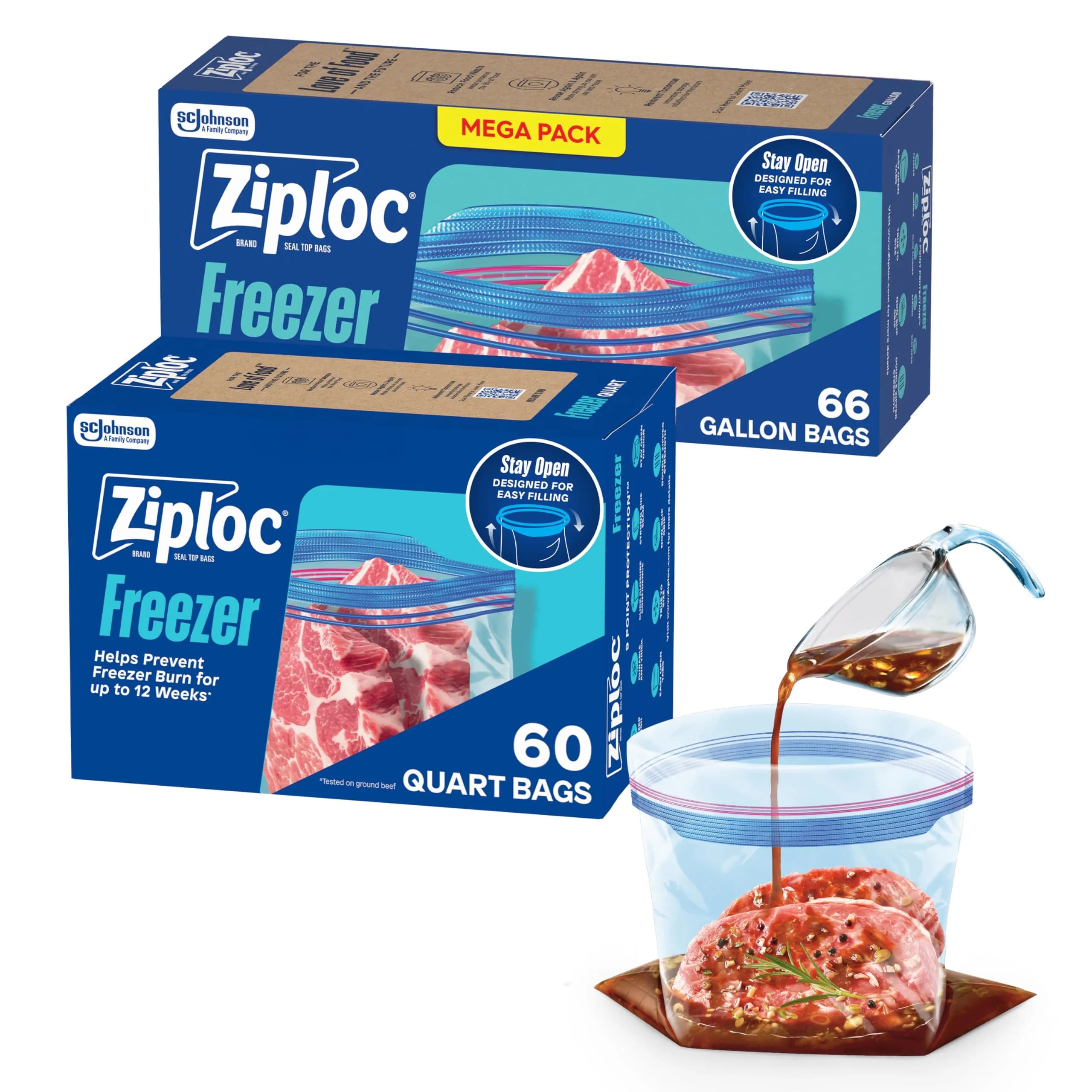 Ziploc Gallon and Quart Freezer Storage Bags, Stay Open Design, Easy to Fill, 126 Count (66 Gallon + 60 Quart)