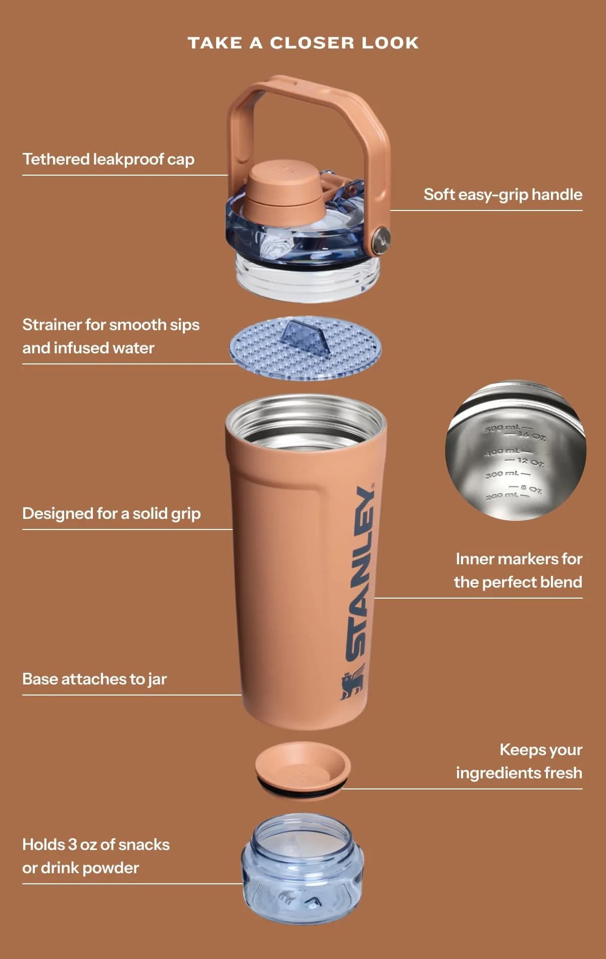 STANLEY Vitalize Shaker Bottle 567g (20 oz) | Leakproof Insulated Stainless Steel Shaker Cup with Base Storage and Fast Flow Lid | Protein Powder Mixer - view 3