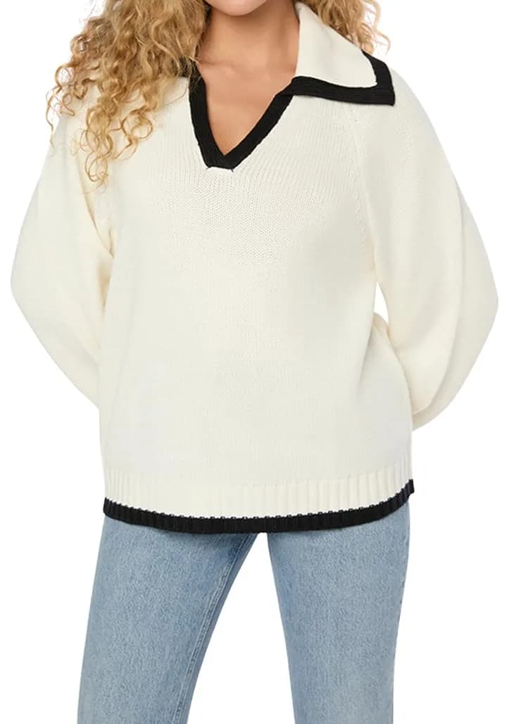 WEWOREWHAT Collar V Neck Sweater | Oversized Fit, Polyester Blend, Medium - main product image