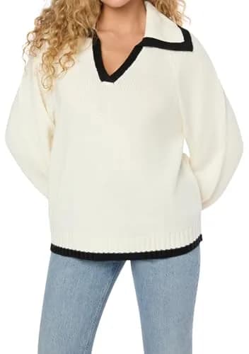 WEWOREWHAT Collar V Neck Sweater | Oversized Fit, Polyester Blend, Medium thumbnail 1