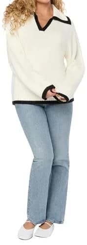 WEWOREWHAT Collar V Neck Sweater | Oversized Fit, Polyester Blend, Medium thumbnail 2