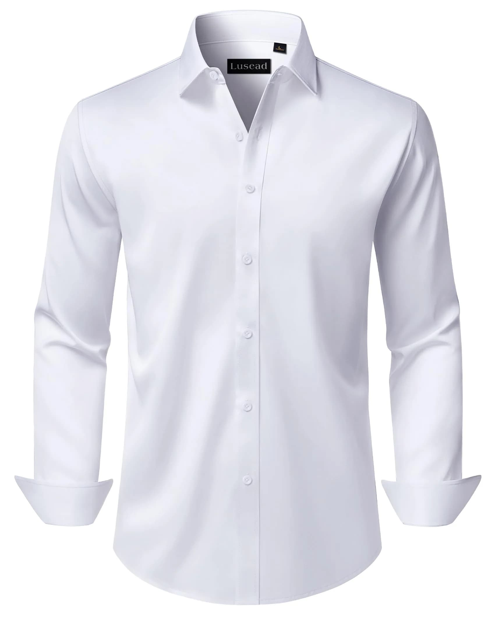 Lusead White Button Down Shirt Men Long Sleeve Slim Fit Wrinkle Free Formal
