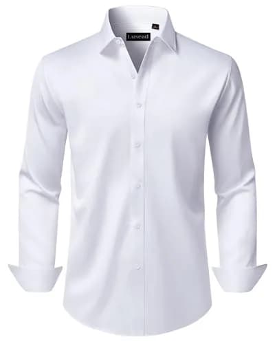 Lusead White Button Down Shirt Men Long Sleeve Slim Fit Wrinkle Free Formal thumbnail 1