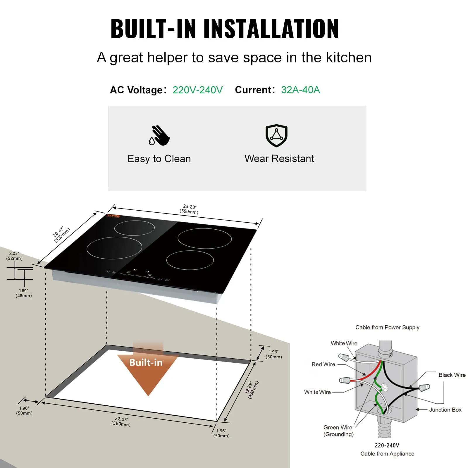 VEVOR LT4-77 Built-in Electric Ceramic Cooktop 6000W 24-inch | 220-240V Touch Control Radiant Stove Top - view 6