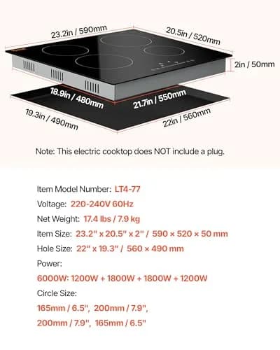 VEVOR LT4-77 Built-in Electric Ceramic Cooktop 6000W 24-inch | 220-240V Touch Control Radiant Stove Top thumbnail 7