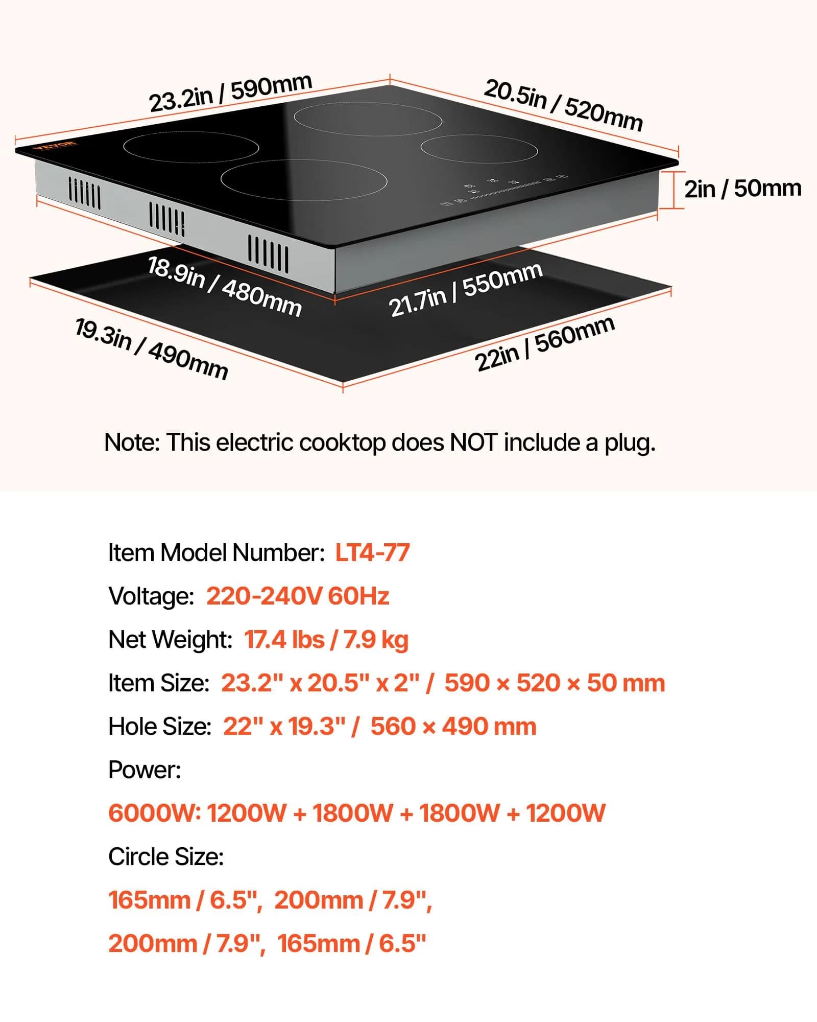 VEVOR LT4-77 Built-in Electric Ceramic Cooktop 6000W 24-inch | 220-240V Touch Control Radiant Stove Top - view 7