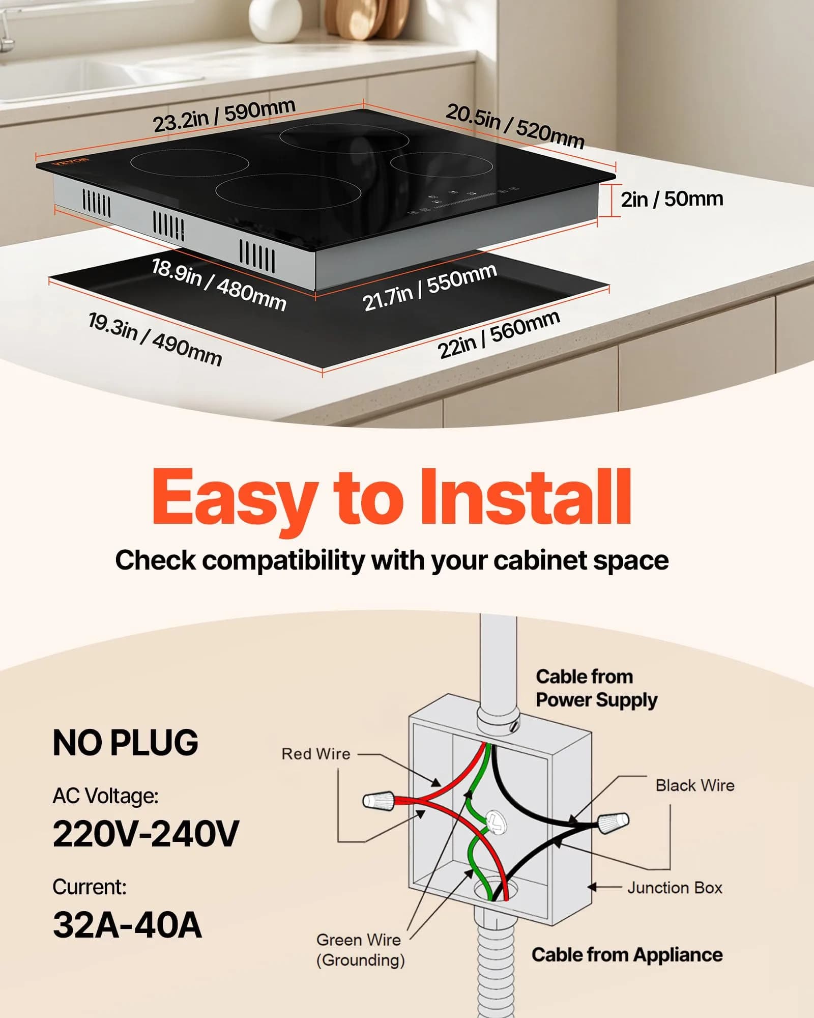 VEVOR LT4-77 Built-in Electric Ceramic Cooktop 6000W 24-inch | 220-240V Touch Control Radiant Stove Top - view 2