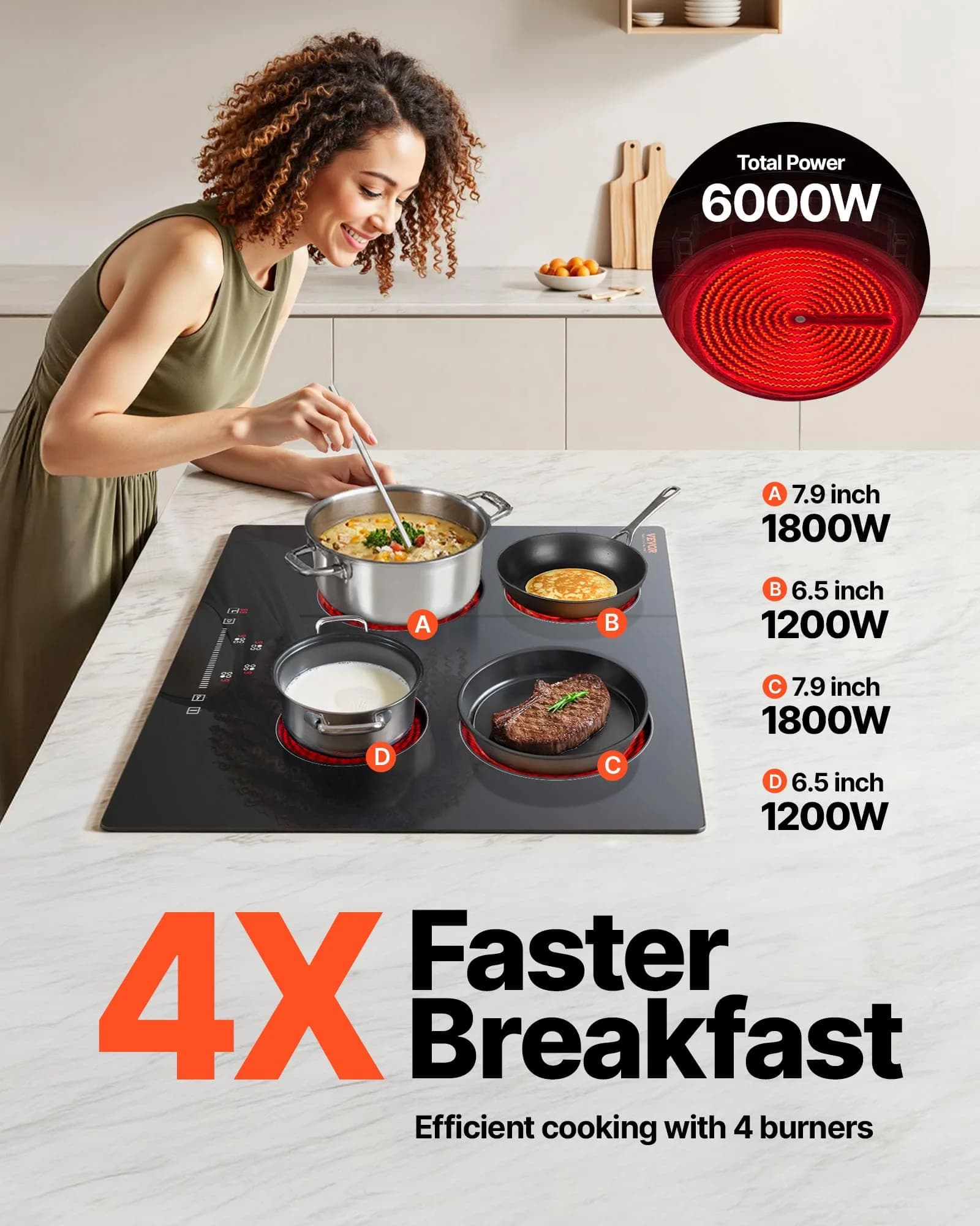 VEVOR LT4-77 Built-in Electric Ceramic Cooktop 6000W 24-inch | 220-240V Touch Control Radiant Stove Top - view 3