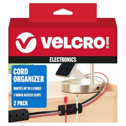 VELCRO Brand Cord Organizer for Desk Cable Management, Nightstand Organization, Dual Function Cable Sleeve Cord Keepers Combo, Holds Wires for Easy Access, Small 2pk Black thumbnail 1